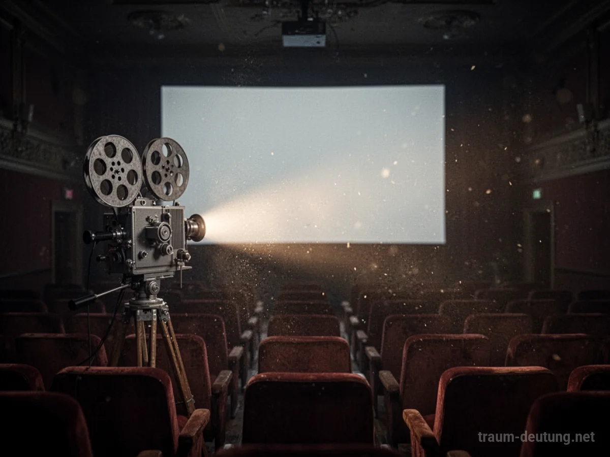 Stummer Filmprojektor in einem dunklen Kino, der eine leere Leinwand zeigt.