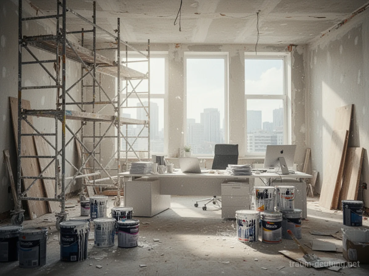 Bürogebäude wird renoviert, Gerüste und Farbeimer sind zu sehen.