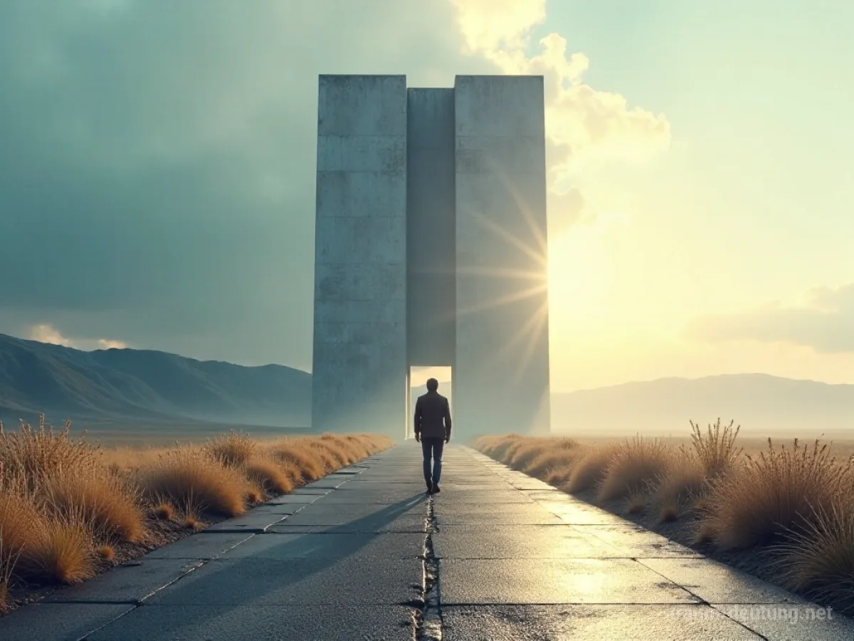 Eine einzelne Person verlässt ein großes Firmengebäude und geht in eine offene Landschaft.