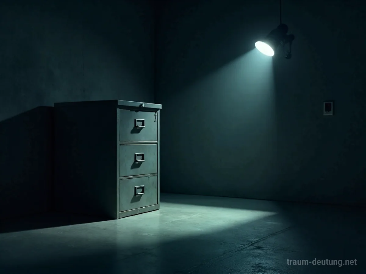 Ein geschlossener Aktenschrank in einem dunklen Büro, beleuchtet von einem einzelnen Scheinwerfer.