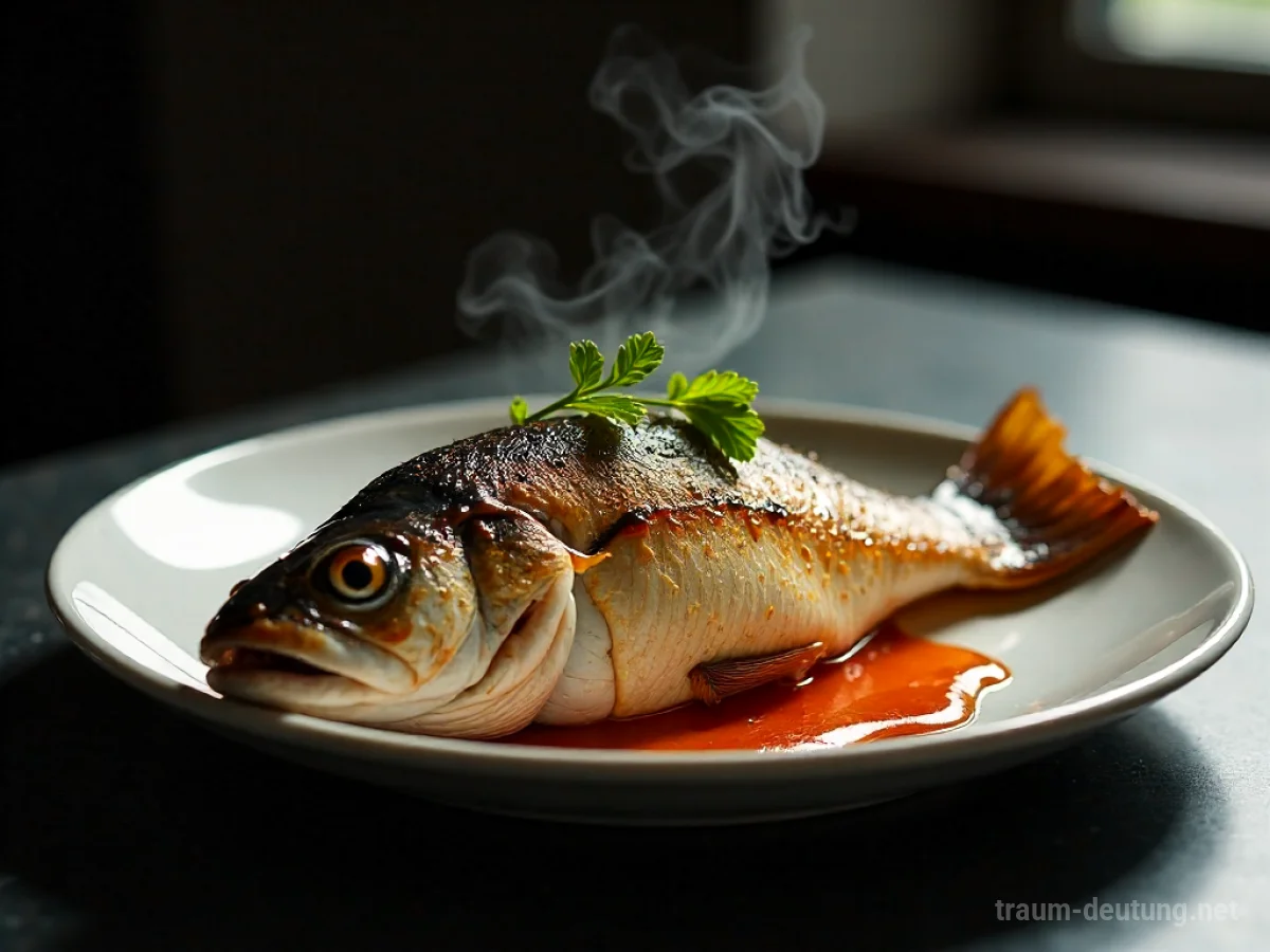 Gekochter Fisch auf einem eleganten Teller, mit leicht aufsteigendem Dampf.