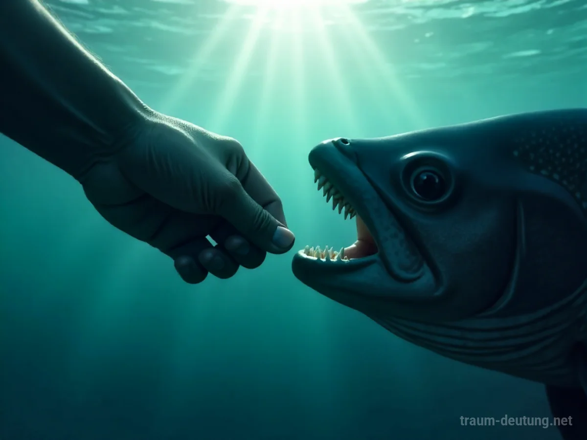 Hand nähert sich einem Fischmaul, das Symbol für einen Biss im Traum.