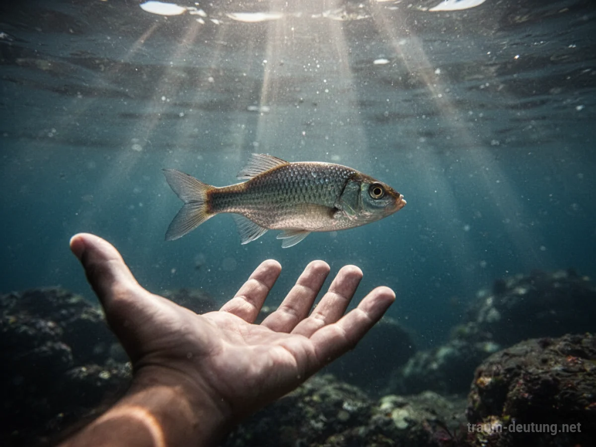 Ein Fisch schwimmt aus einer offenen Hand im Wasser davon.