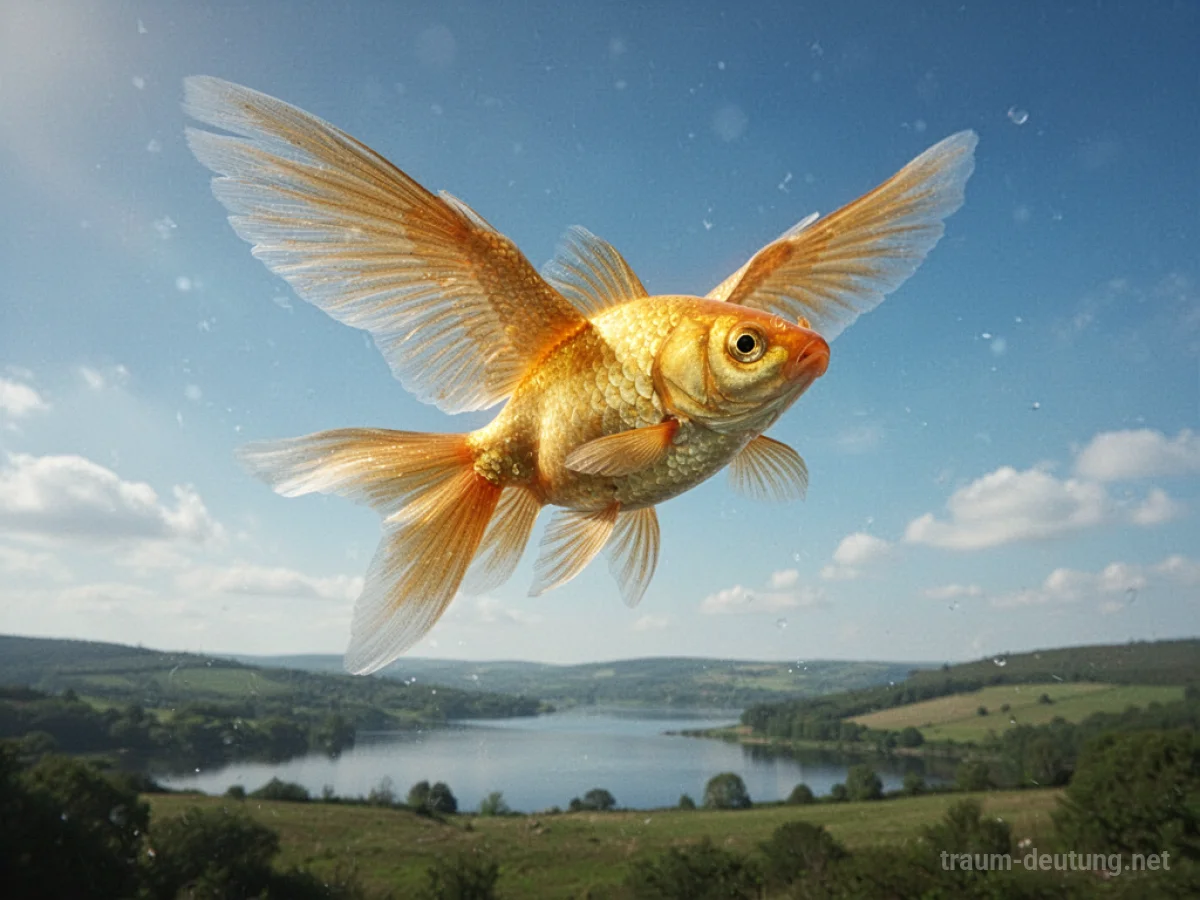 Ein goldener Fisch mit Flügeln fliegt durch den blauen Himmel.