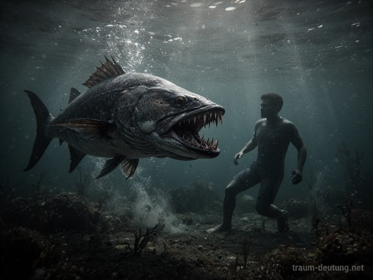 Ein bedrohlicher Fisch mit geöffnetem Maul greift eine menschliche Silhouette im trüben Wasser an.
