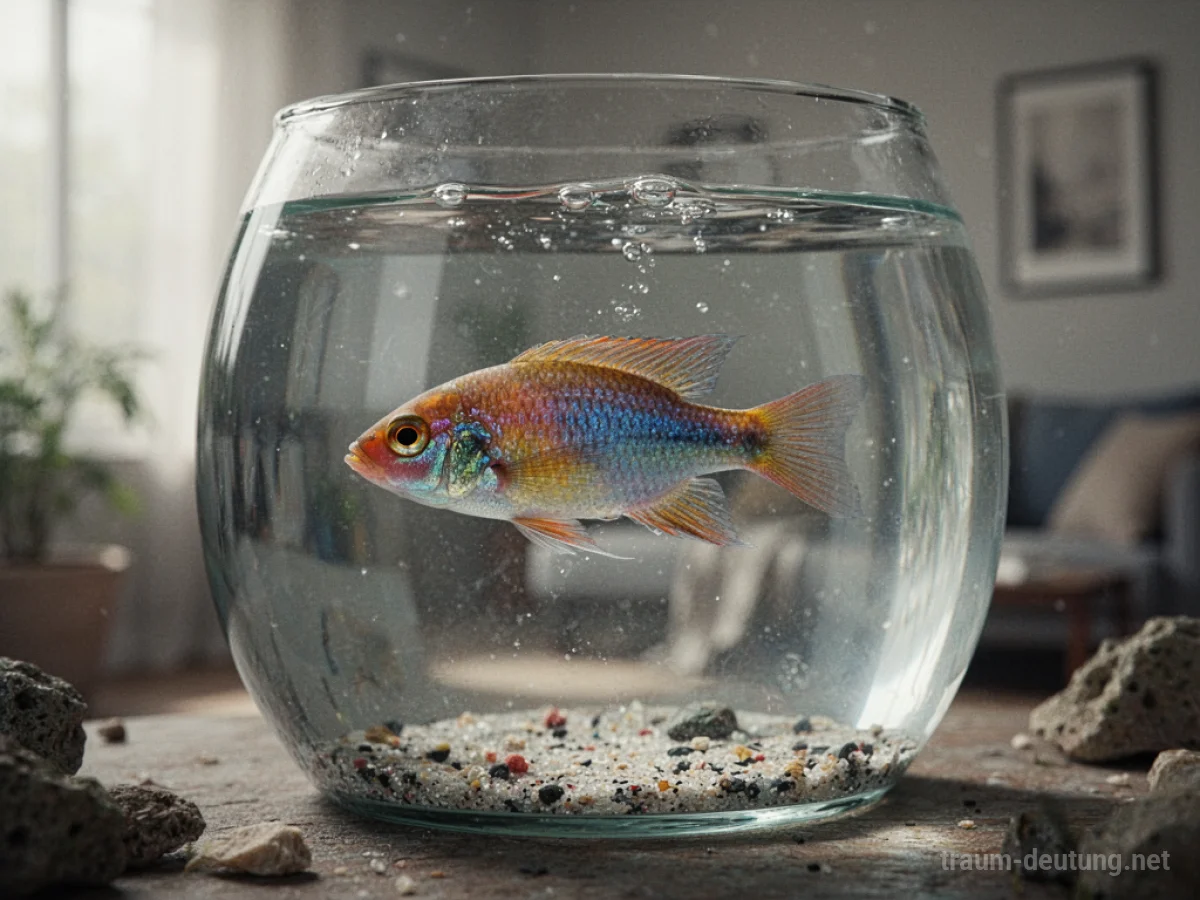 Bunter Fisch schwimmt in einem gläsernen Aquarium.