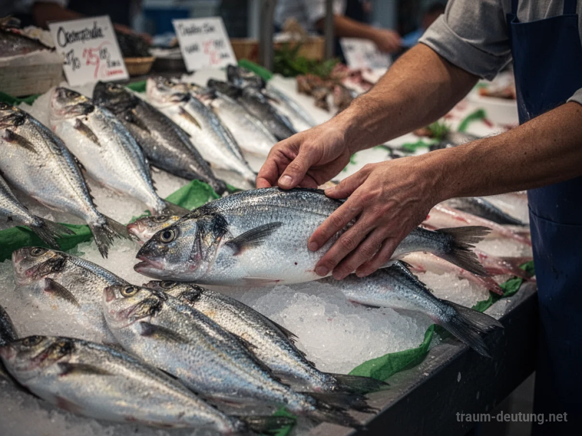 Hände wählen einen frischen Fisch auf einem Marktstand aus.