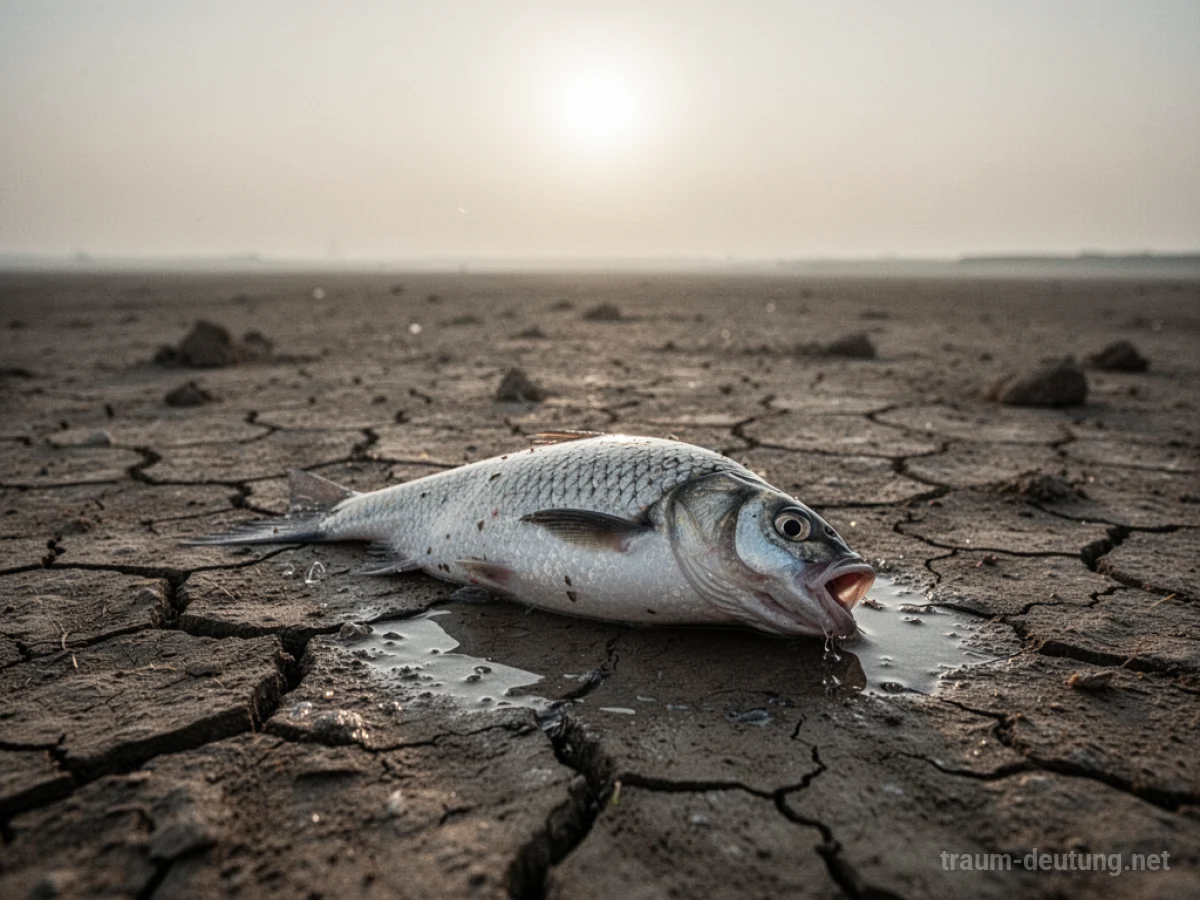 Ein Fisch liegt austrocknend auf sandigem Boden, ohne Wasser in der Nähe.