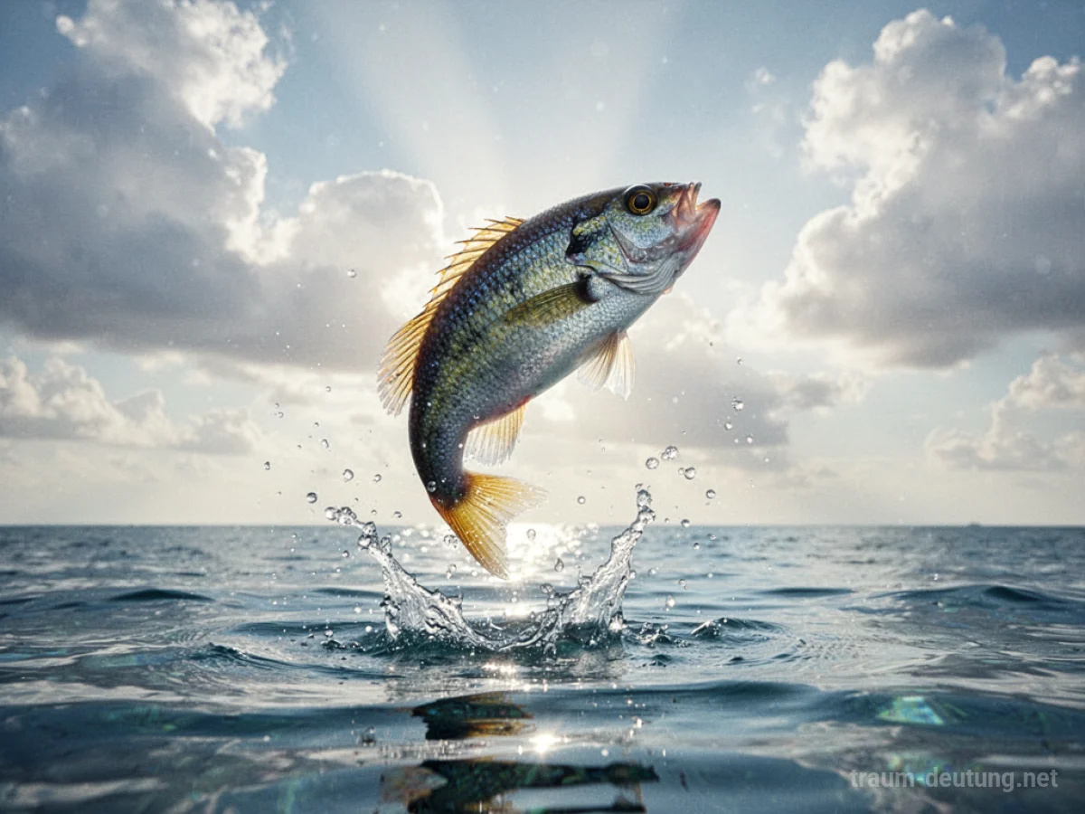 Ein Fisch springt kraftvoll aus dem Wasser in den Himmel.