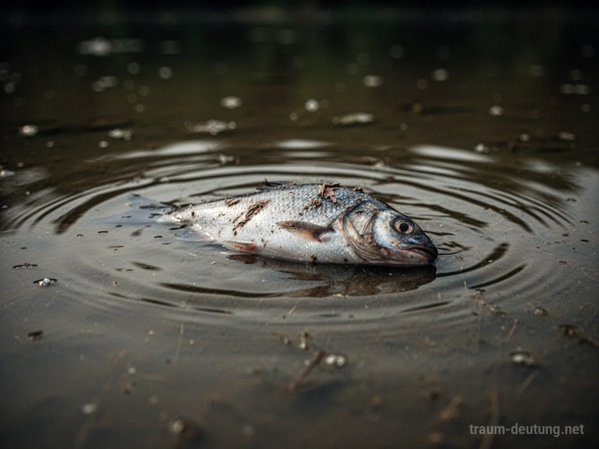 Ein toter Fisch treibt auf trübem Wasser, Symbol für das Ende.
