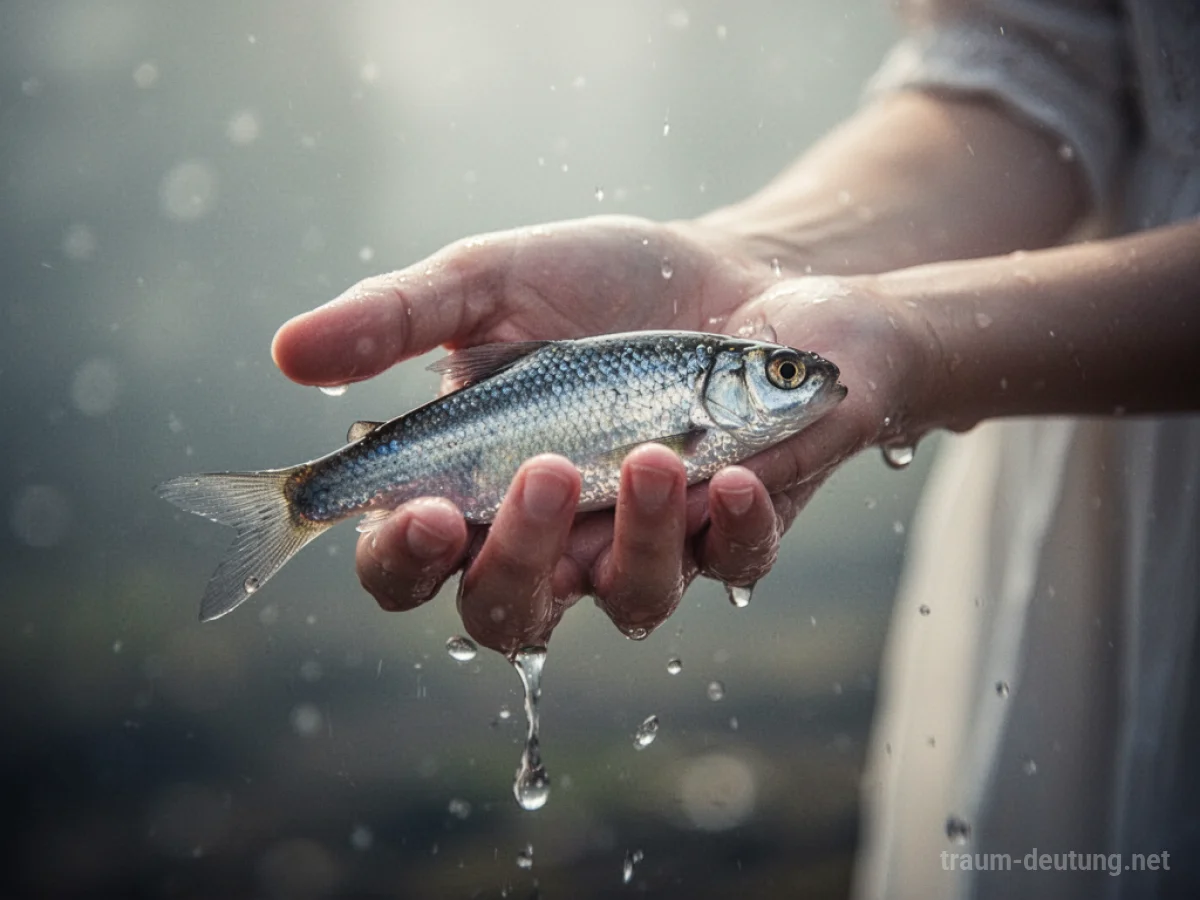 Hand lässt einen glänzenden Fisch im Traum los
