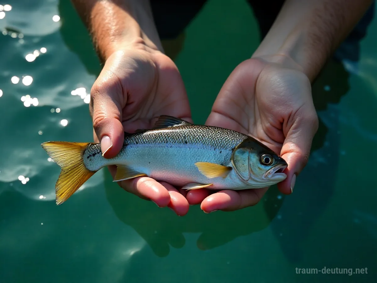 Hände fangen einen glänzenden Fisch im klaren Wasser.