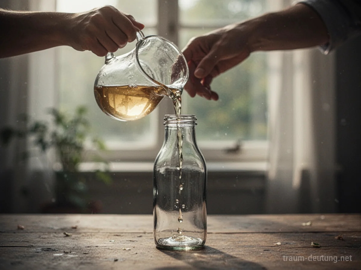 Eine Hand füllt eine Glasflasche mit Flüssigkeit