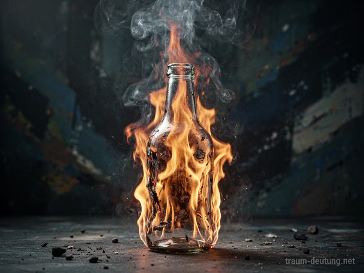 Eine Glasflasche steht in intensivem Feuer, Rauch steigt auf.