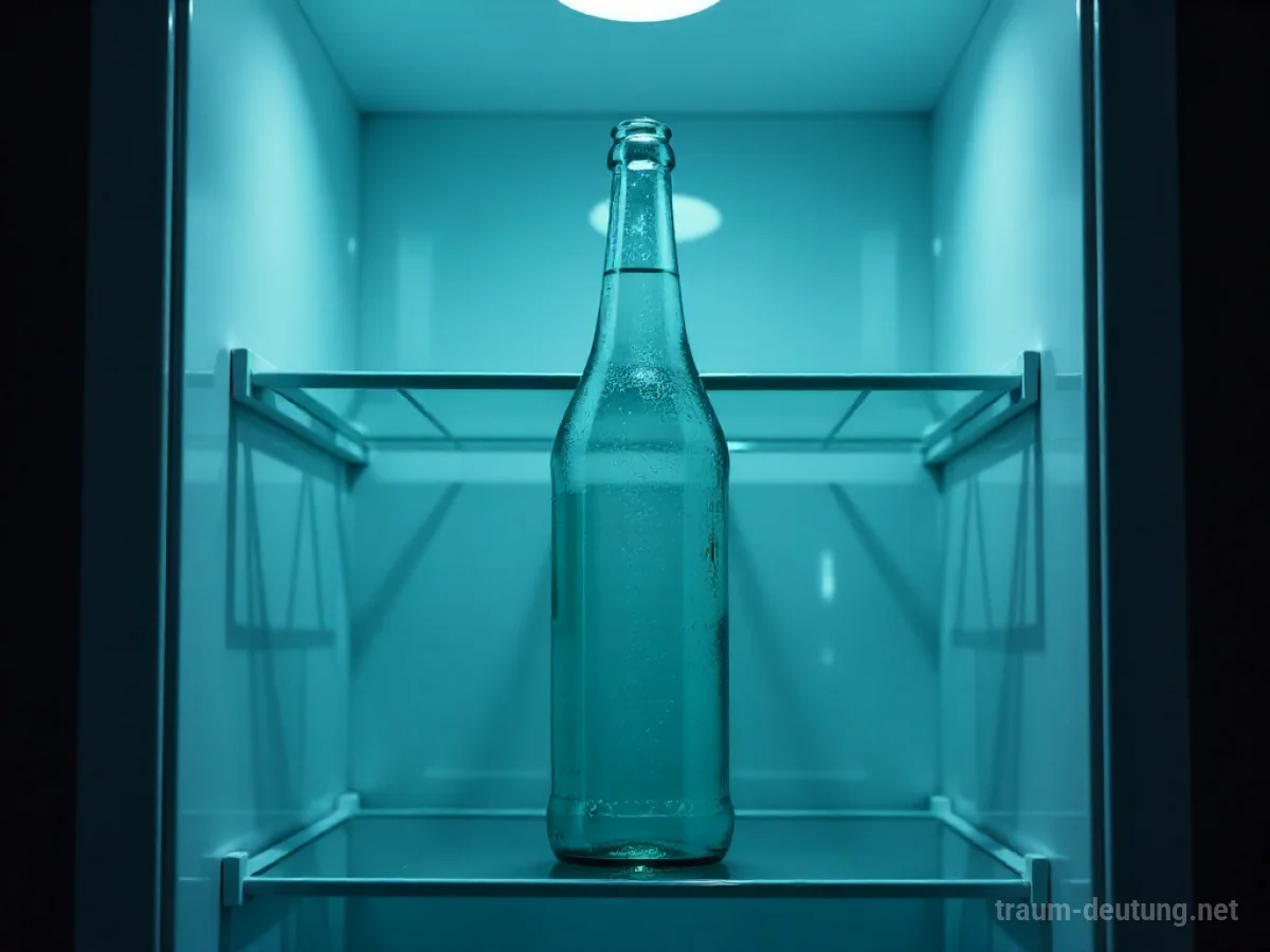 Eine einzelne Flasche steht im kühlen Licht eines Kühlschranks.