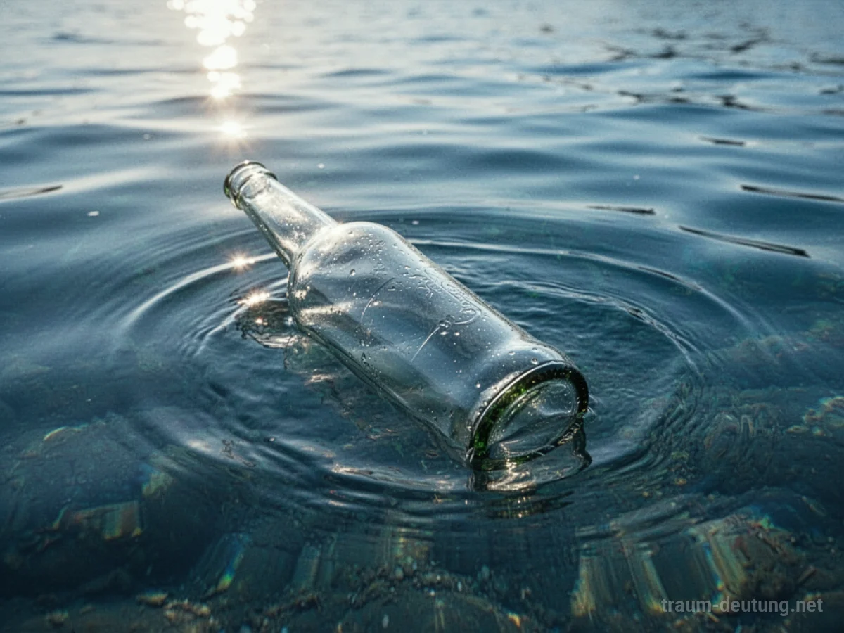 Eine Glasflasche treibt auf klarem Wasser.