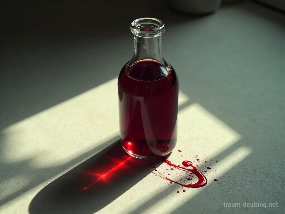 Glasflasche mit dunkler roter Flüssigkeit im Schatten