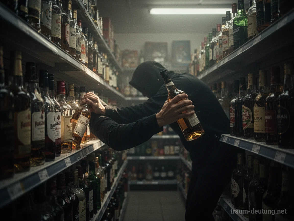 Schattenhafte Figur stiehlt eine Flasche aus einem Regal in einem dunklen Laden.
