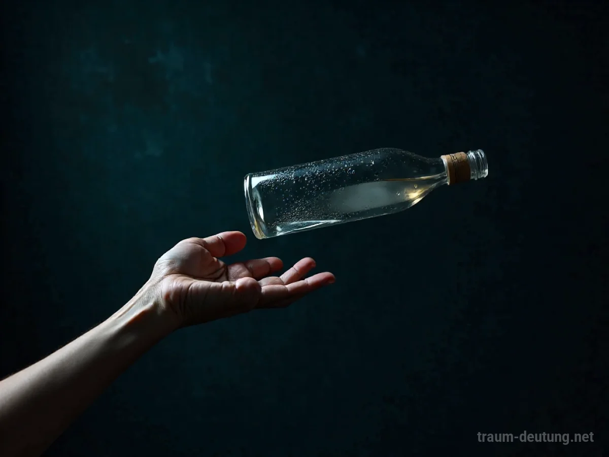 Eine Hand wirft eine Flasche durch eine abstrakte, dunkle Szene.