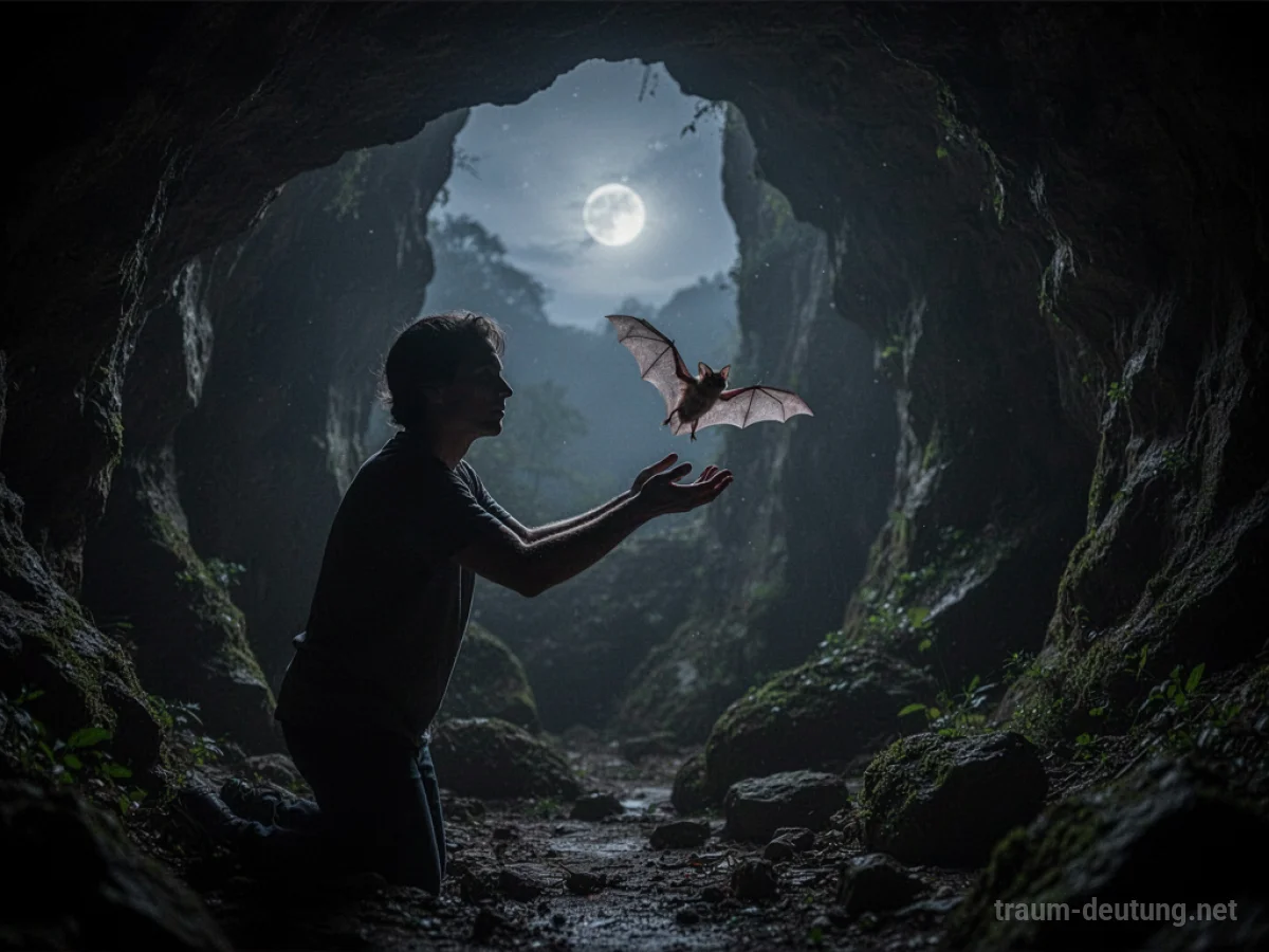 Eine Person fängt eine Fledermaus in einer dunklen Höhle.
