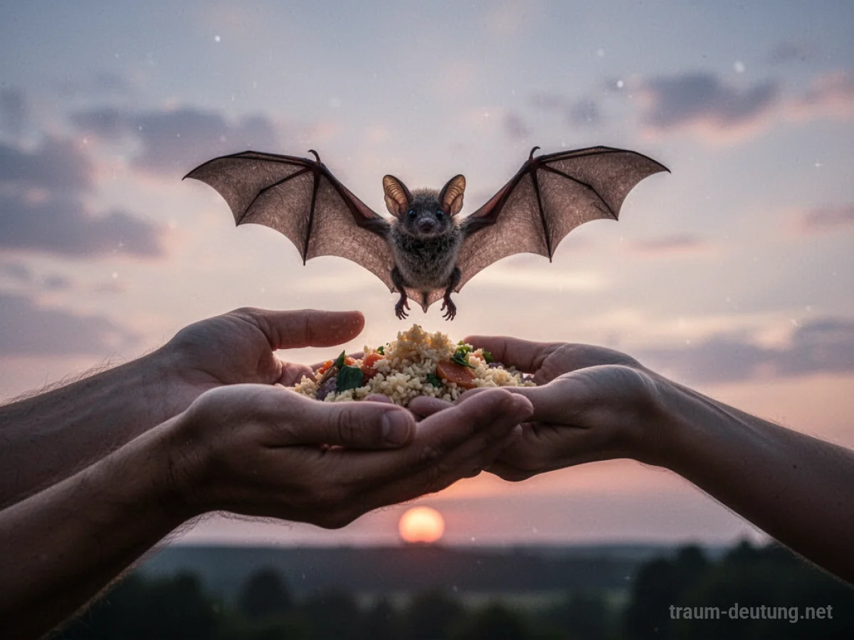 Hände, die einer Fledermaus Futter anbieten im Zwielicht.