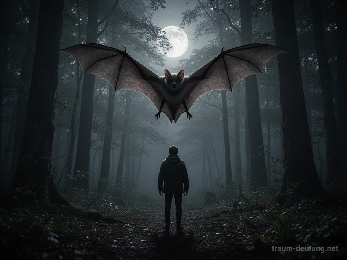 Fledermaus greift im Traum eine Person an, dunkler Wald