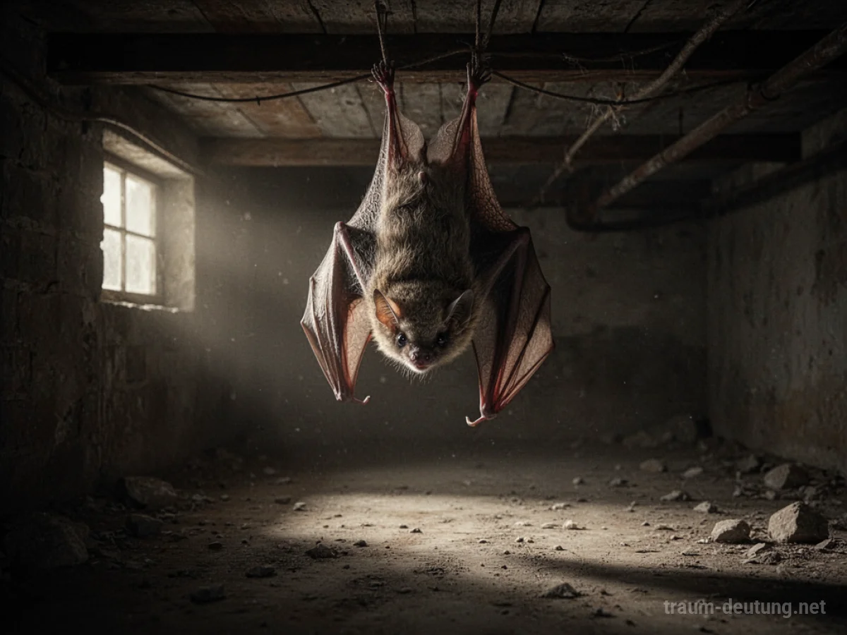 Fledermaus hängt im dunklen Keller von der Decke.