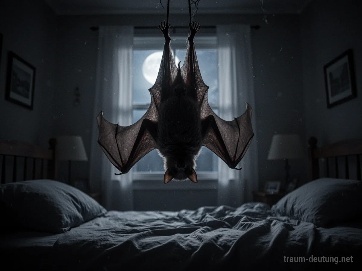 Fledermaus hängt kopfüber in einem dunklen Schlafzimmer.