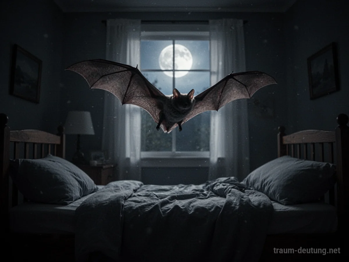 Fledermaus fliegt in einem dunklen Schlafzimmer