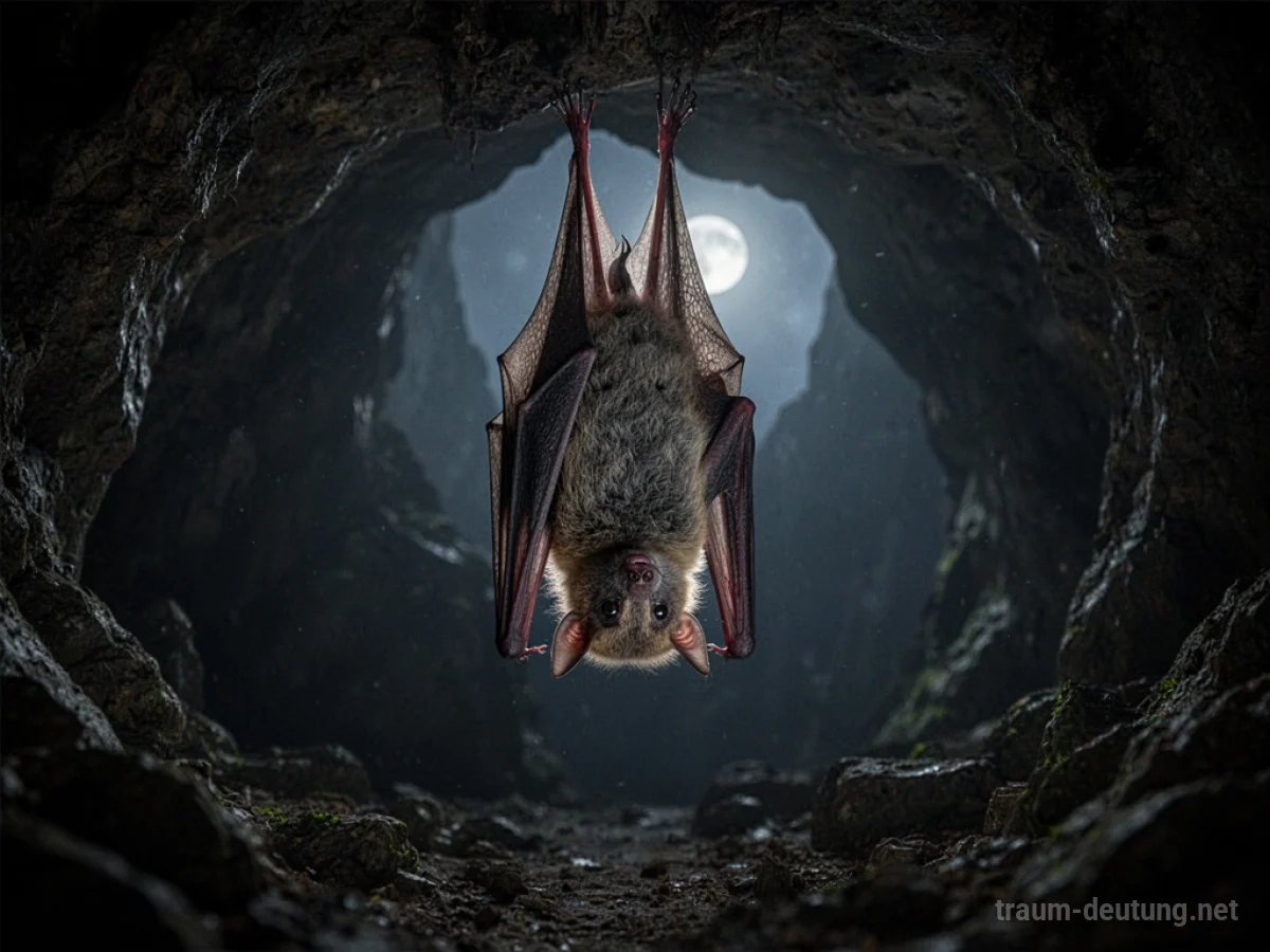 Eine Fledermaus hängt kopfüber in einer dunklen Höhle.