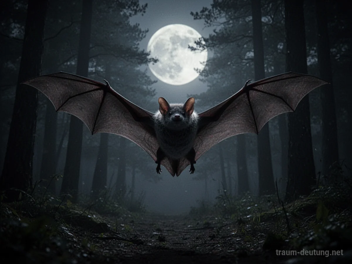 Fledermaus im Flug, die den Betrachter verfolgt, vor einem dunklen Waldmotiv.