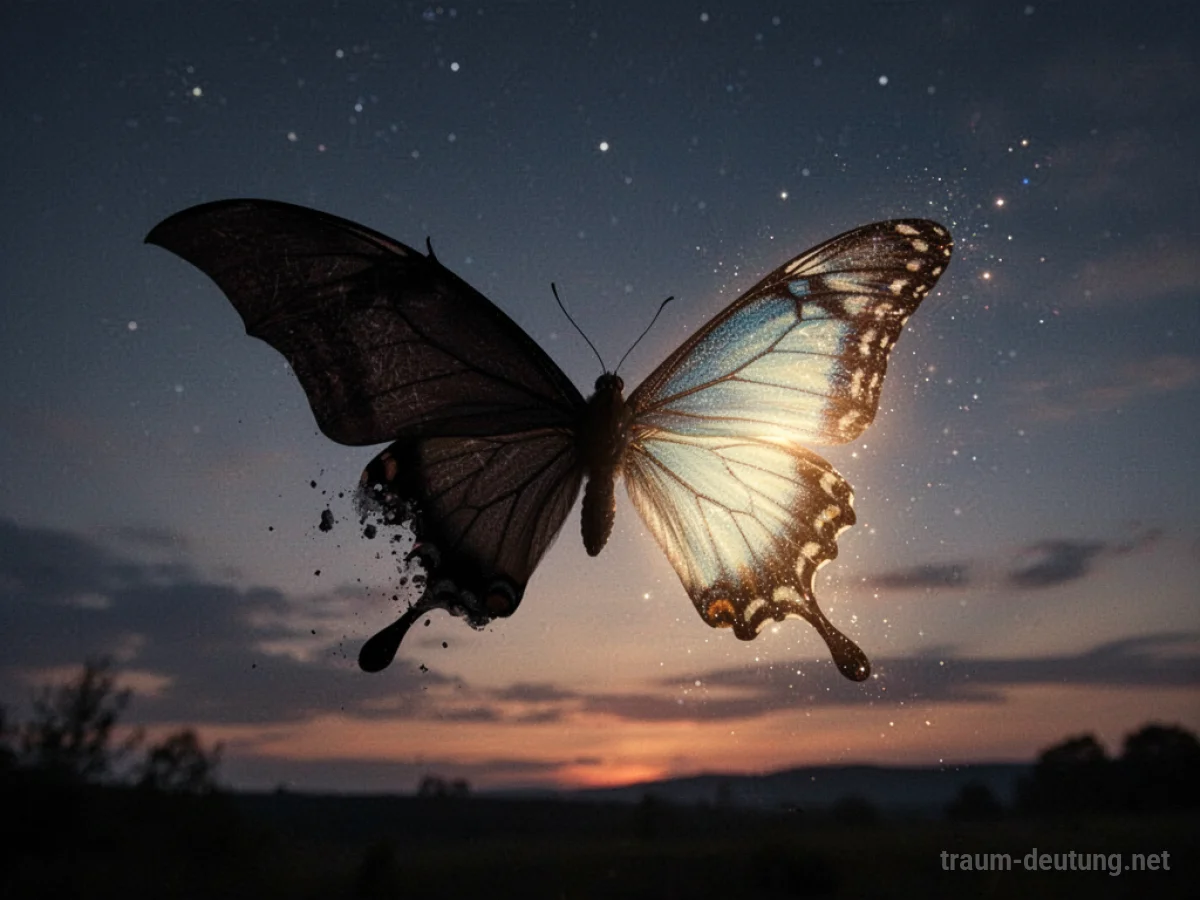 Fledermaus, die sich in einen Schmetterling verwandelt, vor einem Sternenhimmel