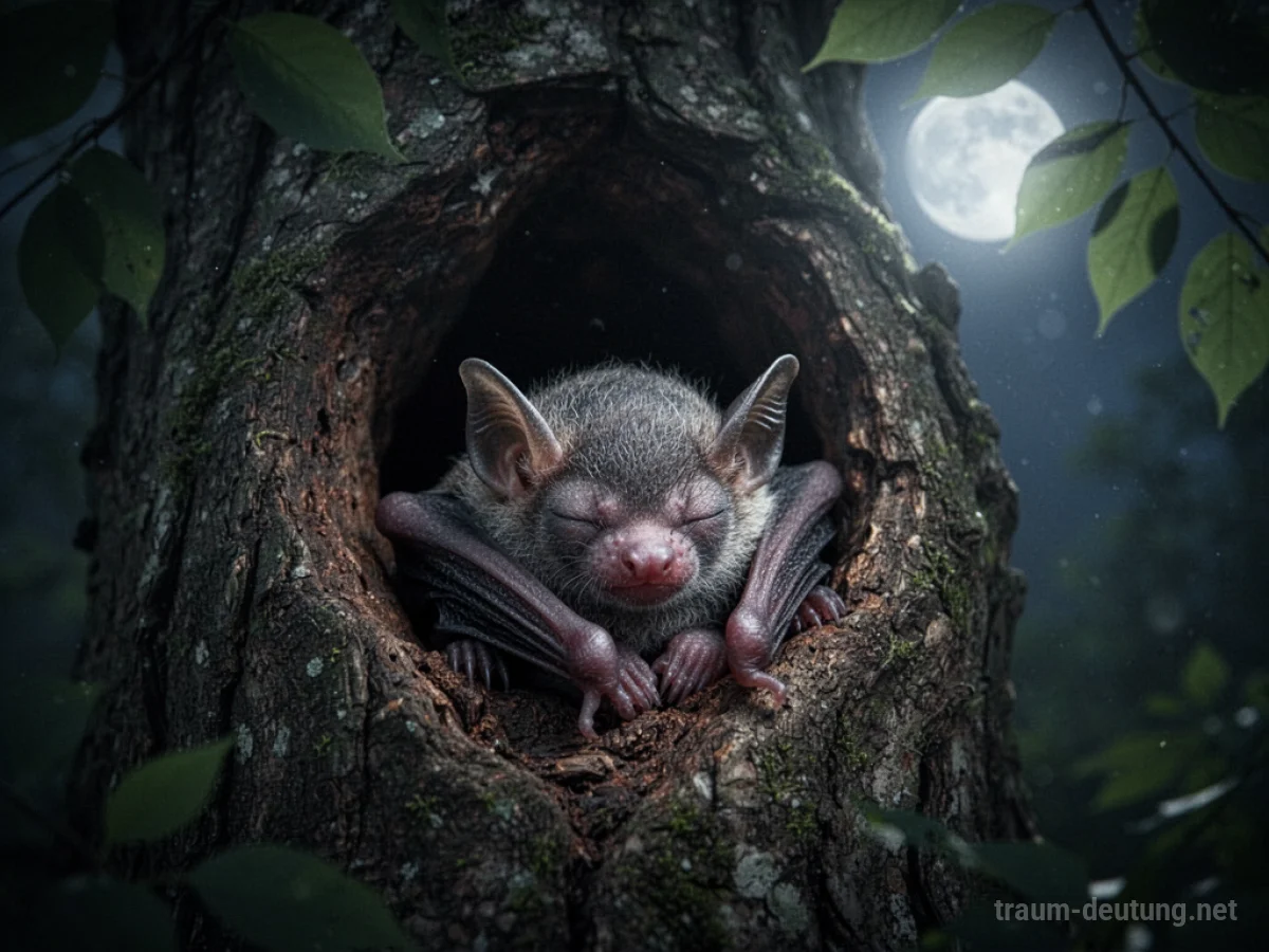 Ein kleines, schlafendes Fledermausbaby in einer Baumhöhle im Mondlicht.