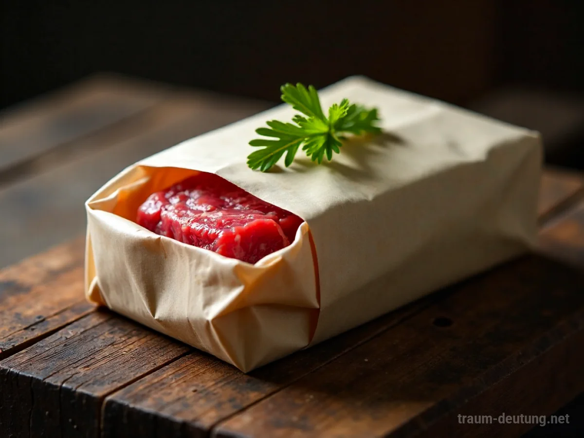 Ein Geschenkpaket mit rohem Fleisch darin auf einem Holztisch.