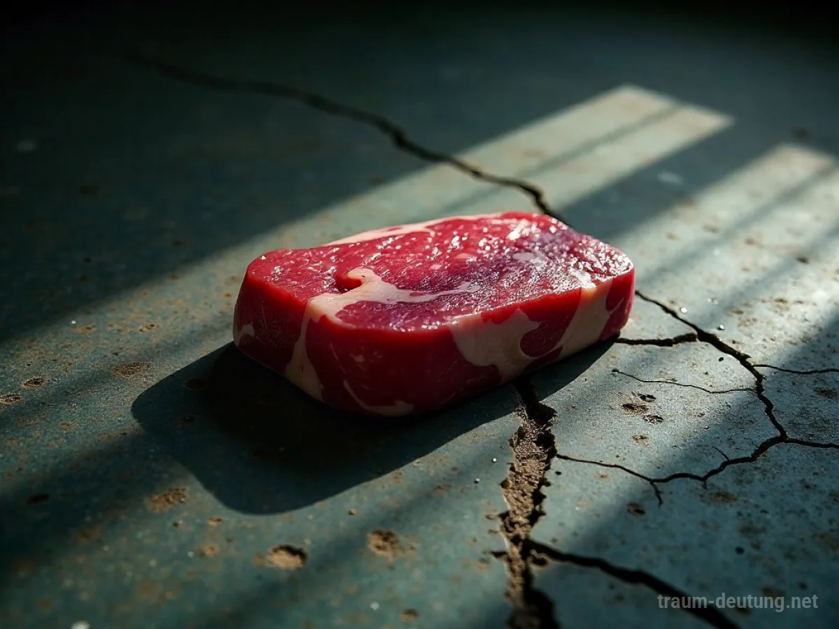 Ein Stück rohes Fleisch liegt auf einem schmutzigen Boden.