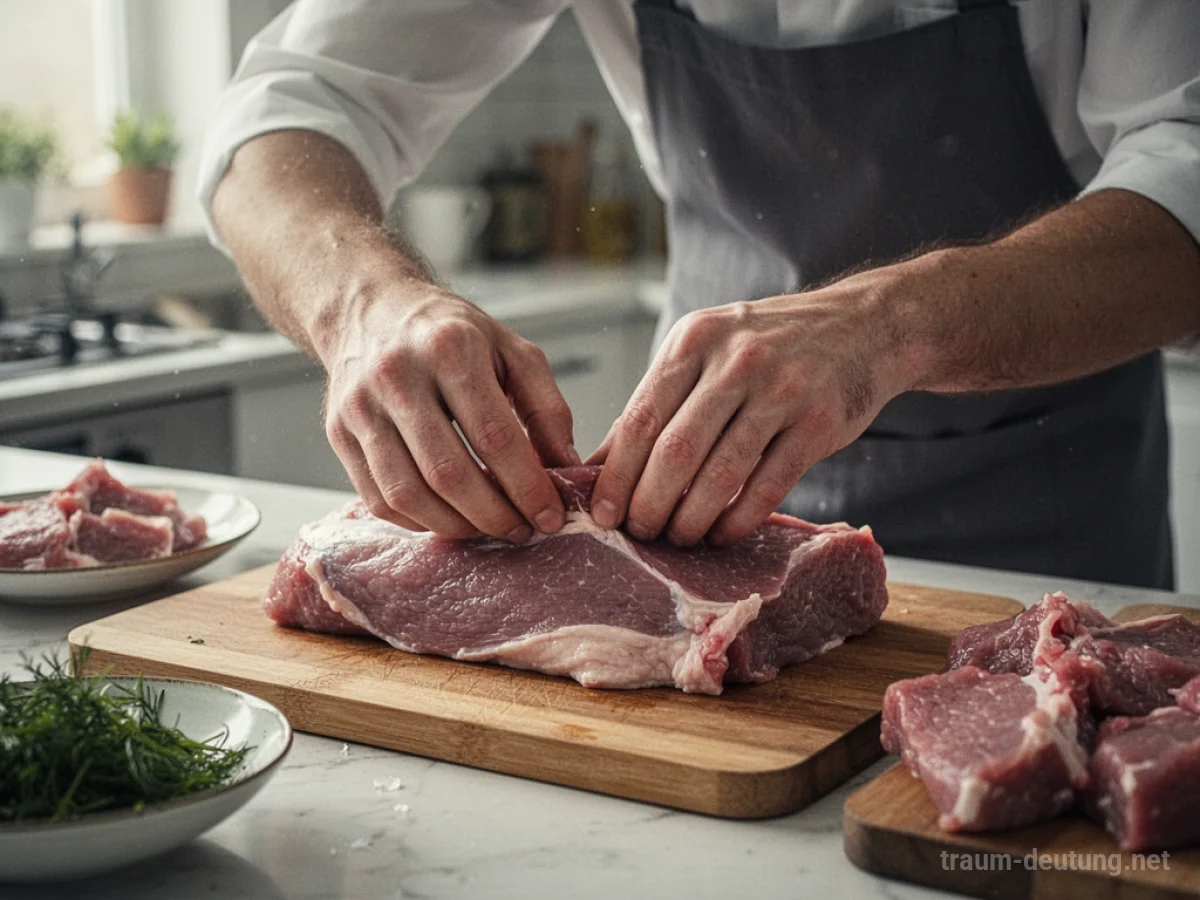 Hände bereiten rohes Fleisch in einer Küche vor