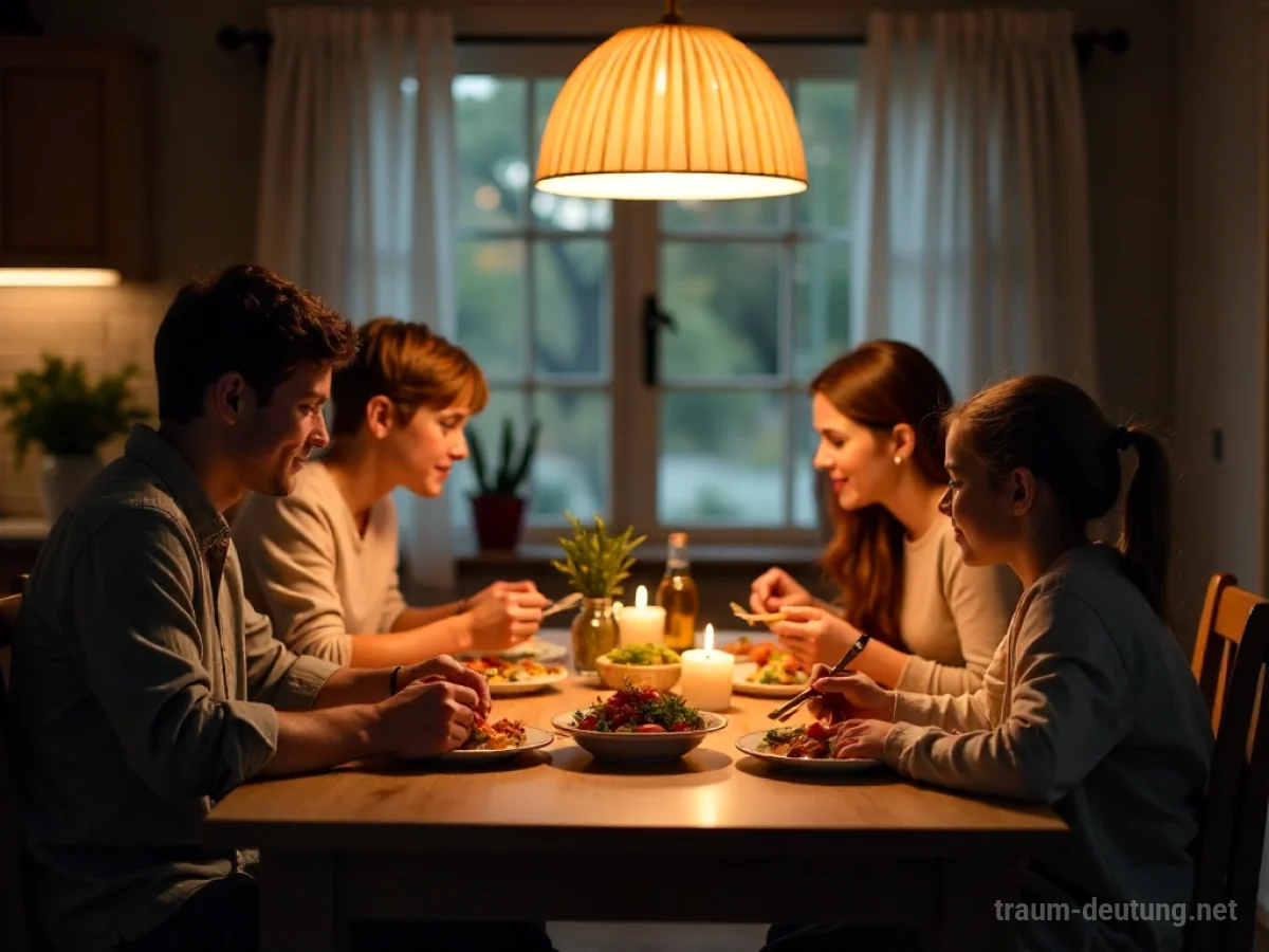 Familie isst gemeinsam am Tisch. Teller mit Essen sind aufgedeckt.