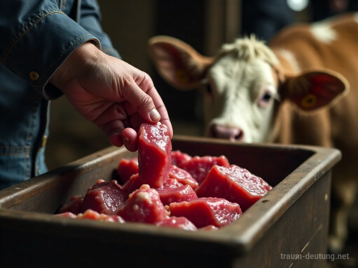Hand füttert Tiere mit Fleisch in einem Stall