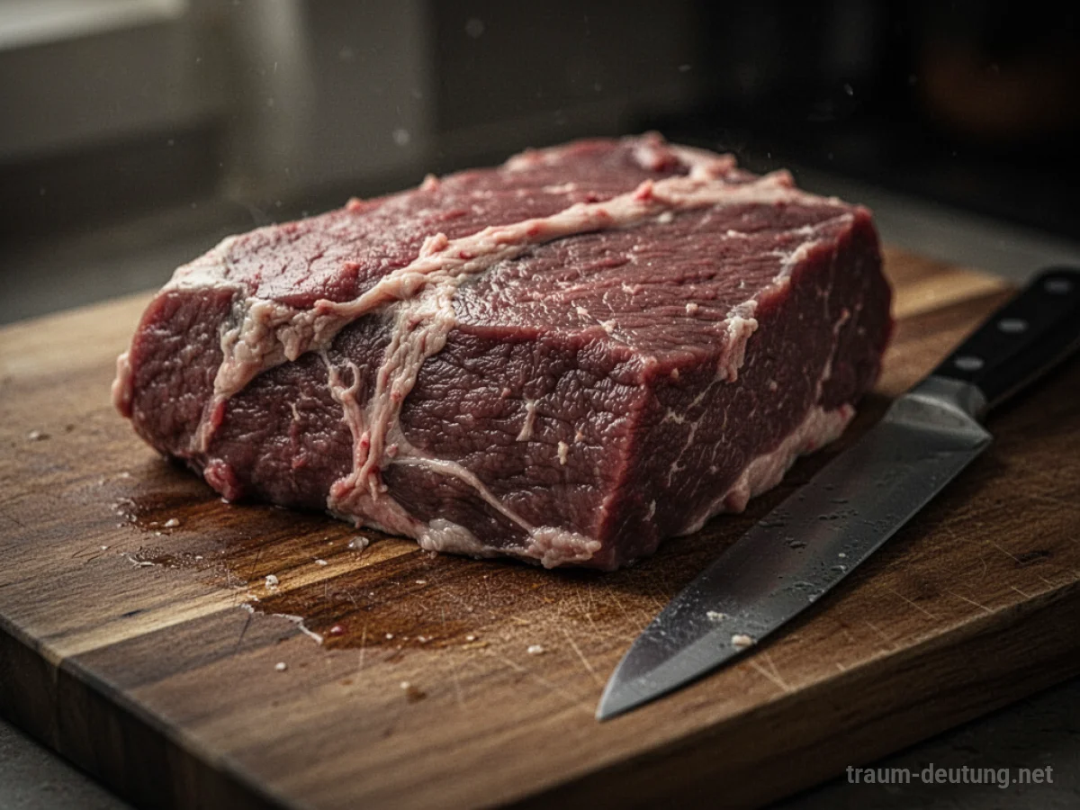 Rohes, zähes Fleisch auf einem Holztisch mit einem stumpfen Messer daneben