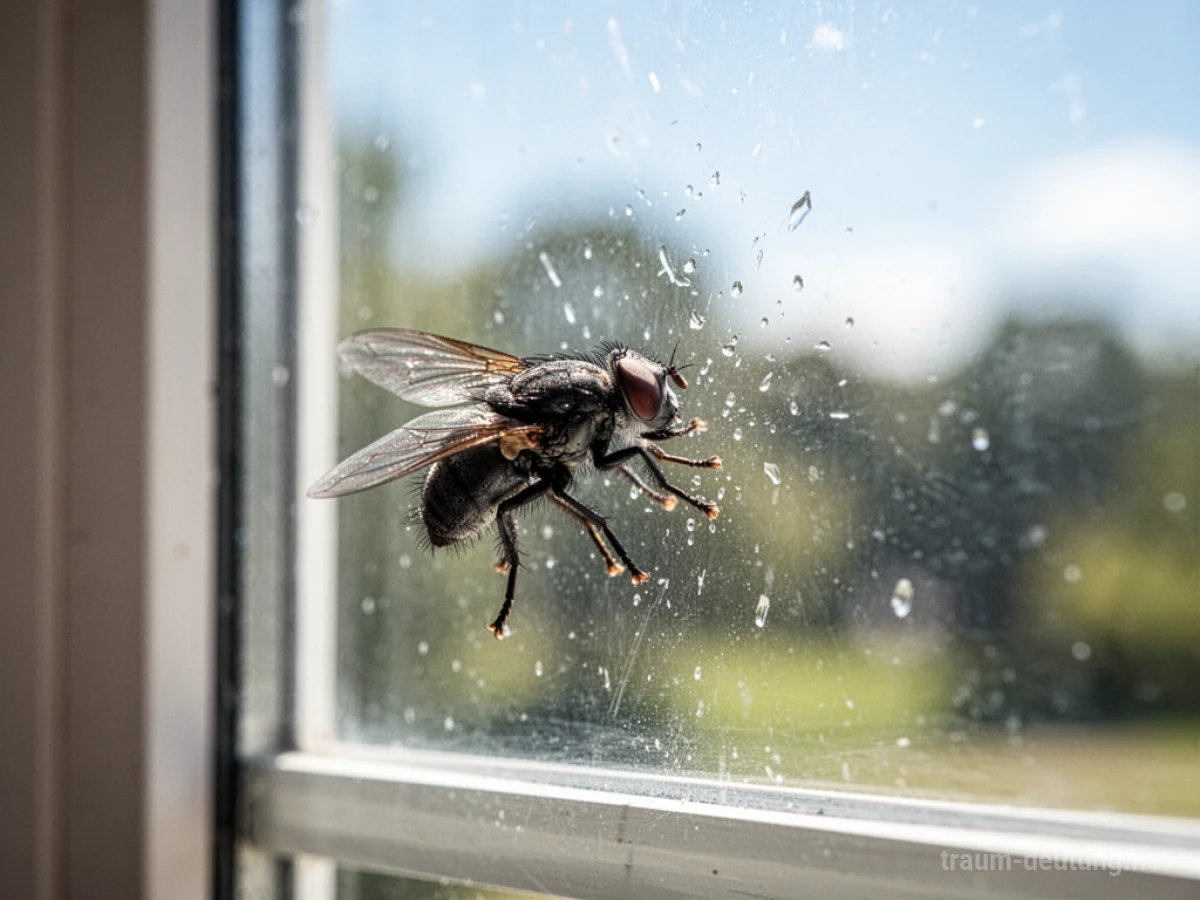 Eine Fliege stößt gegen eine Fensterscheibe, draußen scheint die Sonne.