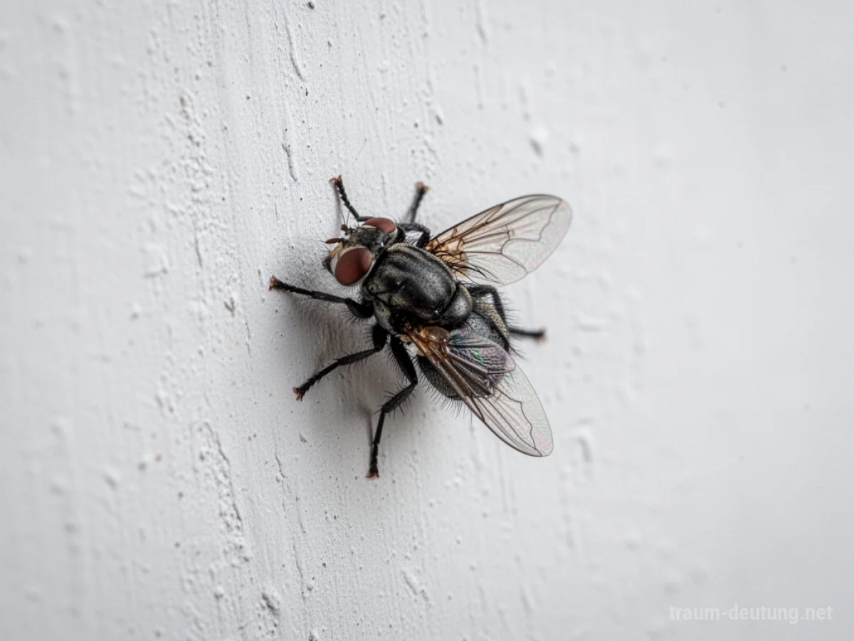 Eine einzelne Fliege krabbelt an einer weißen Wand entlang.