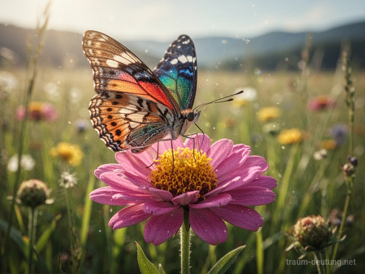 Eine bunte Schmetterlingspuppe landet sanft auf einer blühenden Blume.