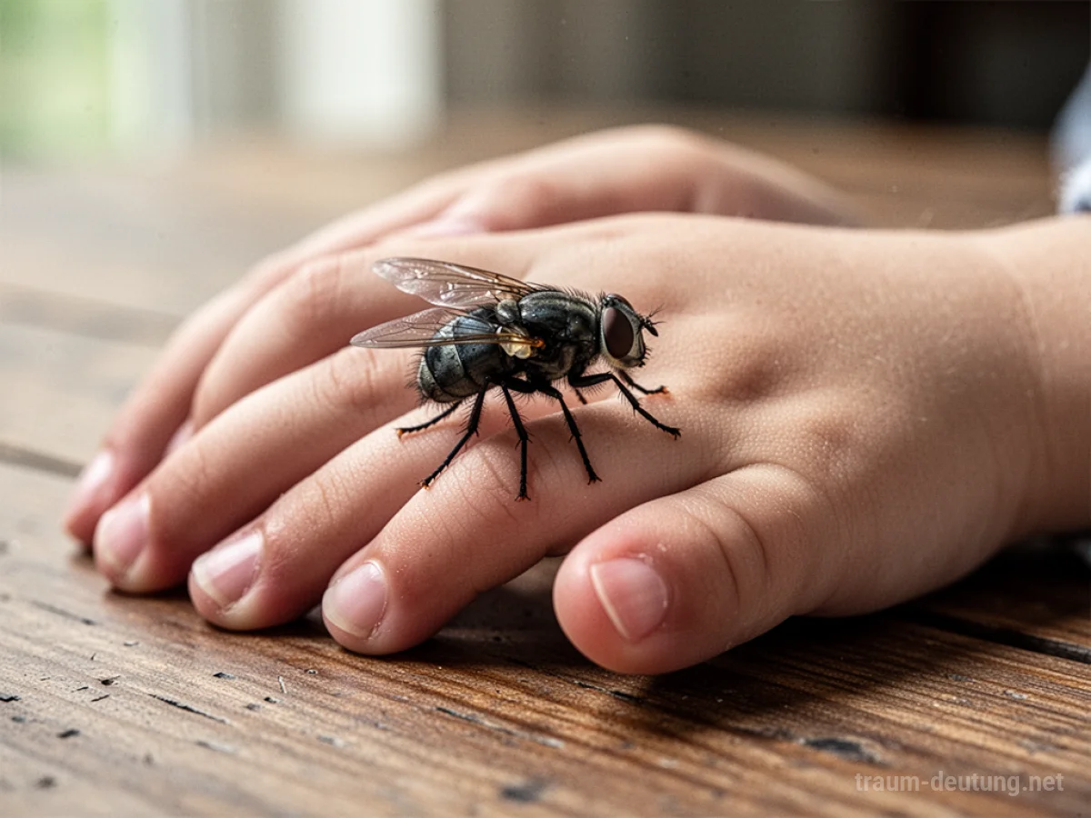Eine große Fliege krabbelt auf einer menschlichen Hand.