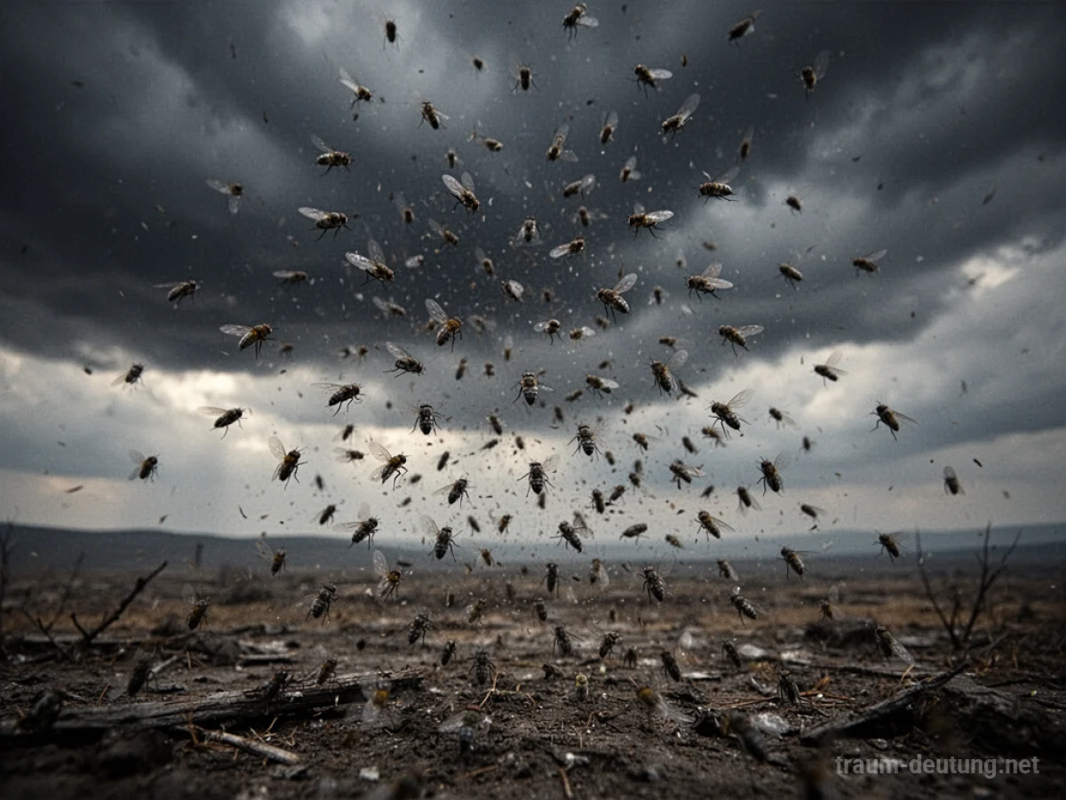 Schwarm von Fliegen fällt vom dunklen Himmel auf eine leere Landschaft