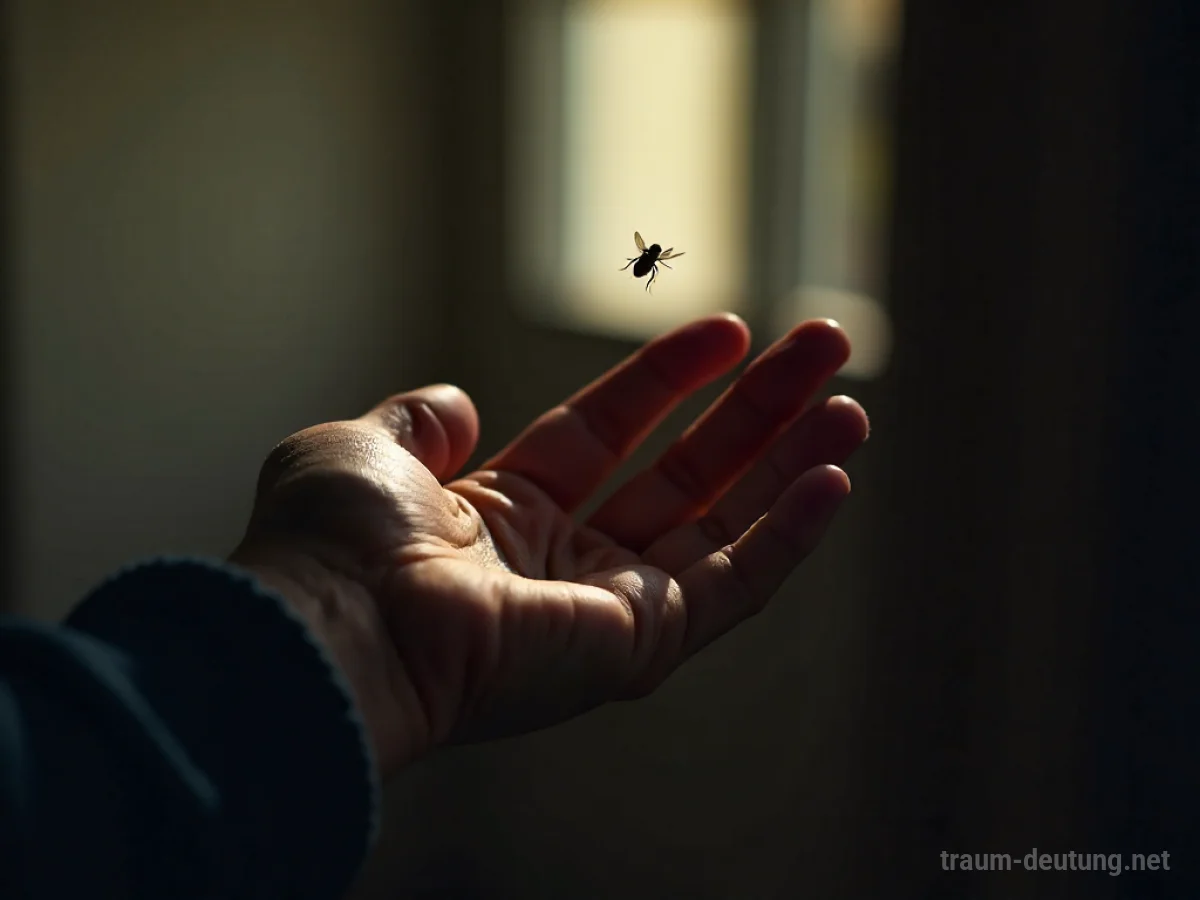 Hand versucht, eine Fliege in einem dunklen Raum zu fangen.