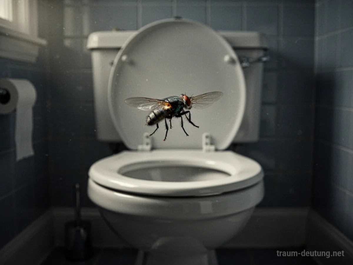 Eine einzelne Fliege schwebt über einer Toilettenschüssel in einem dunklen Raum.