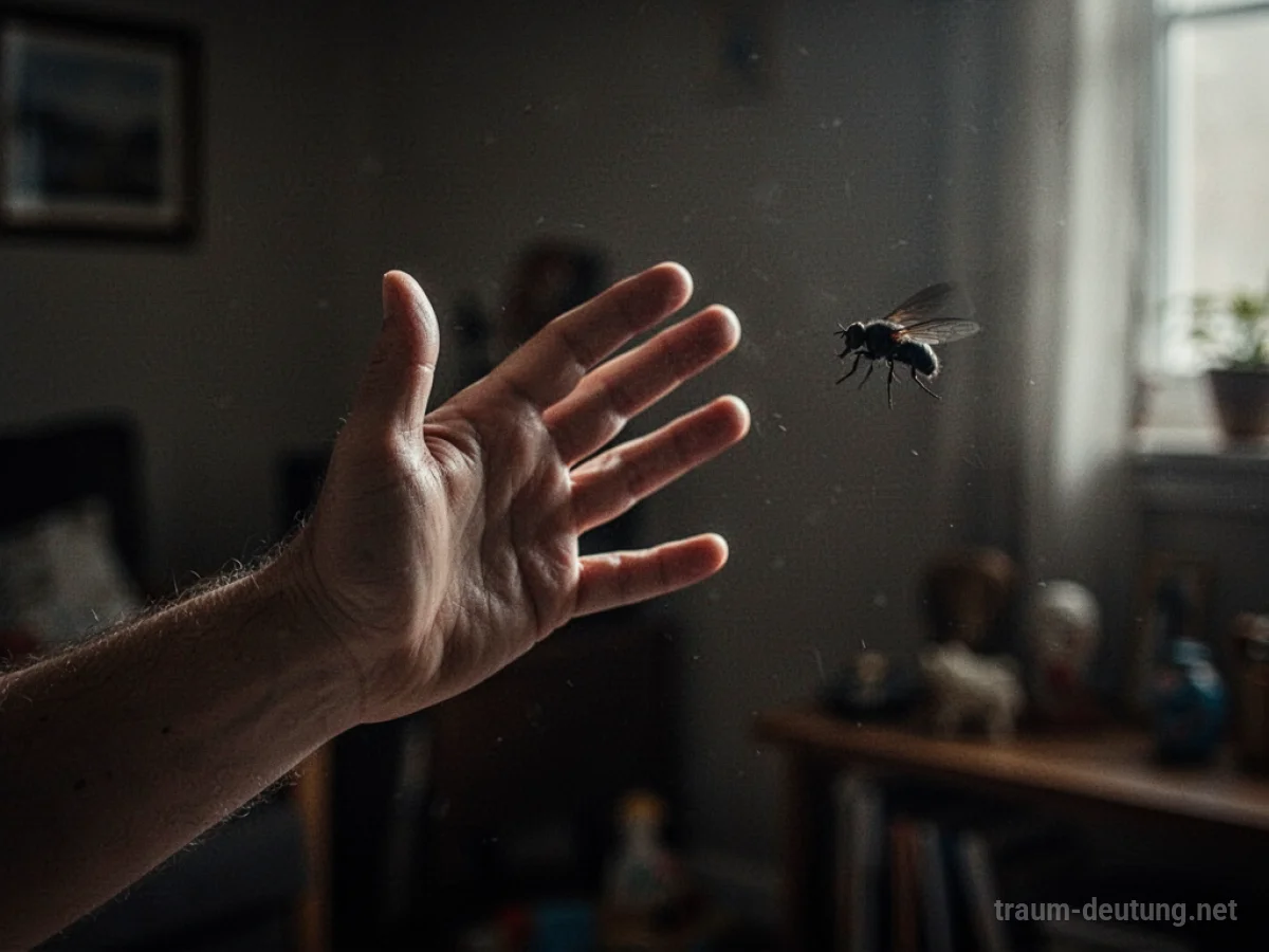 Eine Hand wehrt eine dunkle Fliegenform in einem schwach beleuchteten Raum ab.