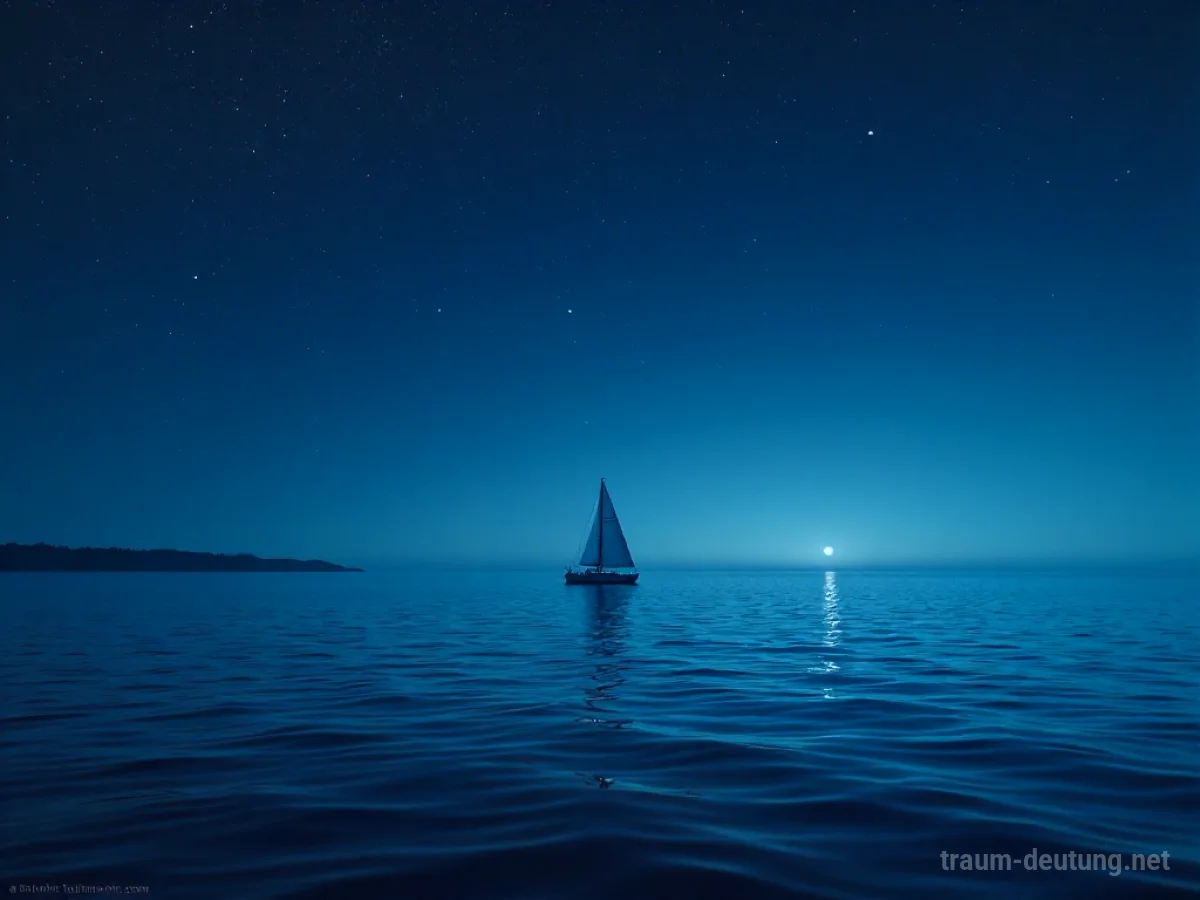 Segelboot auf weitem Meer bei Nacht mit ferner Küste