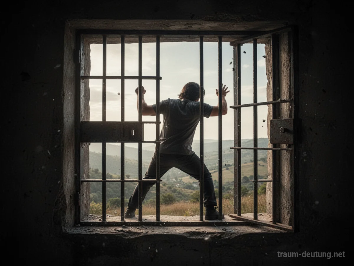 Silhouette einer Person, die aus einem Gefängnisfenster in die Freiheit entkommt.
