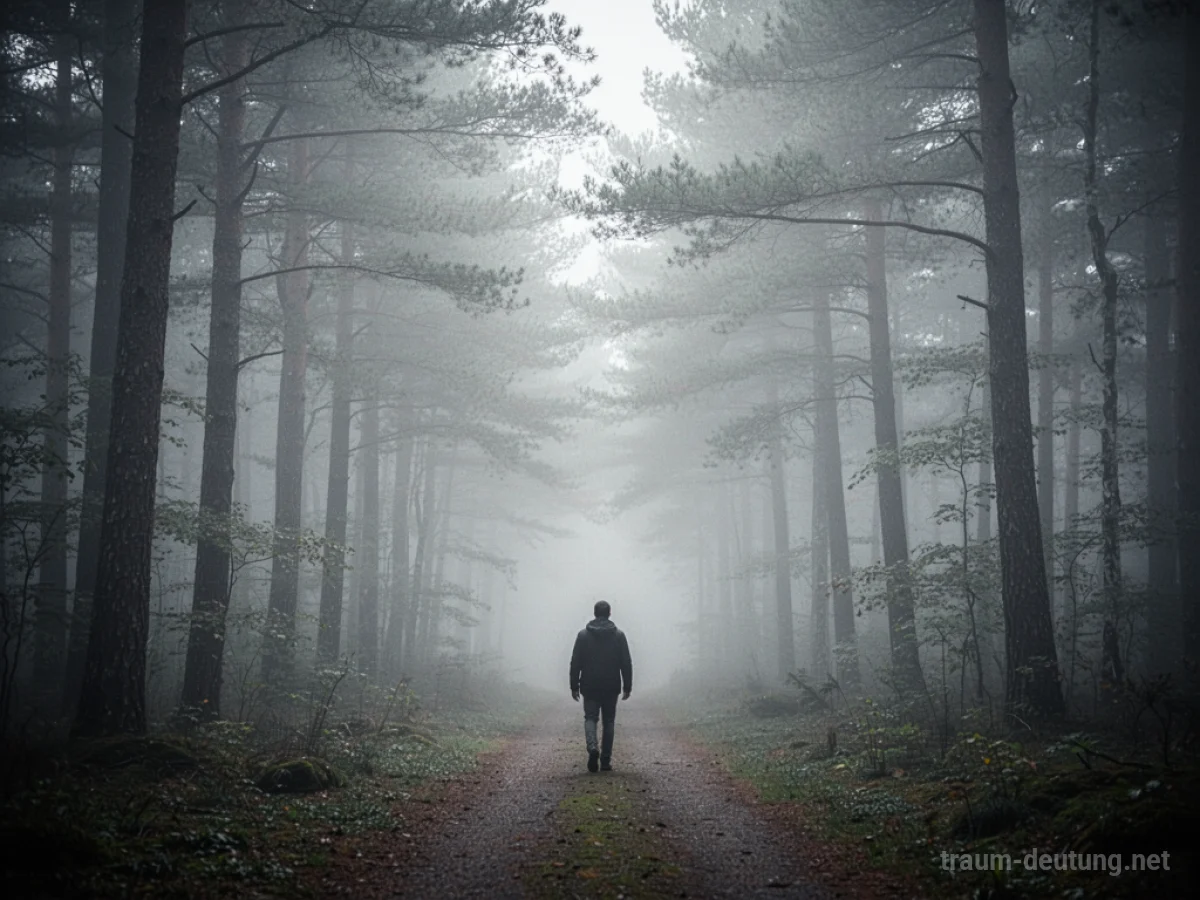 Eine einsame Figur geht auf einem Weg, der im dichten Nebel verschwindet.